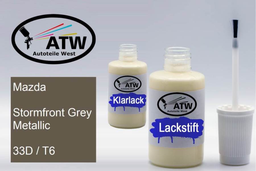 Mazda, Stormfront Grey Metallic, 33D / T6: 20ml Lackstift + 20ml Klarlack - Set, von ATW Autoteile West.